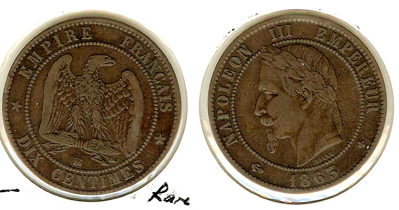 Dix centimes Napoléon III, tête laurée 1863 Strasbourg TTB-
